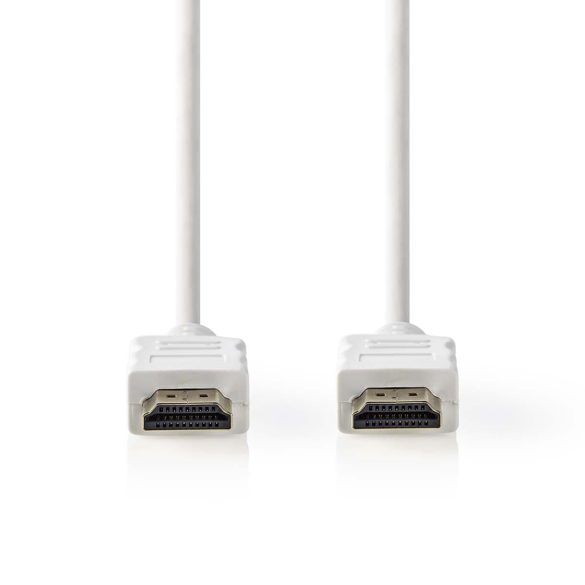 Twee witte HDMI-kabels met connectoren op een witte achtergrond.
