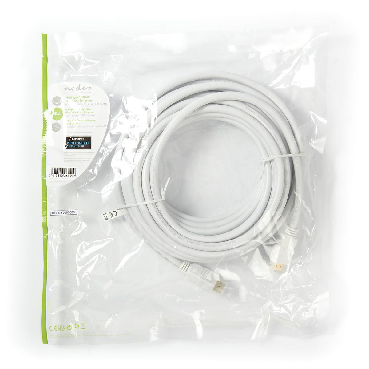 Een doorzichtige plastic zak met een witte HDMI-kabel, connectoren zichtbaar.