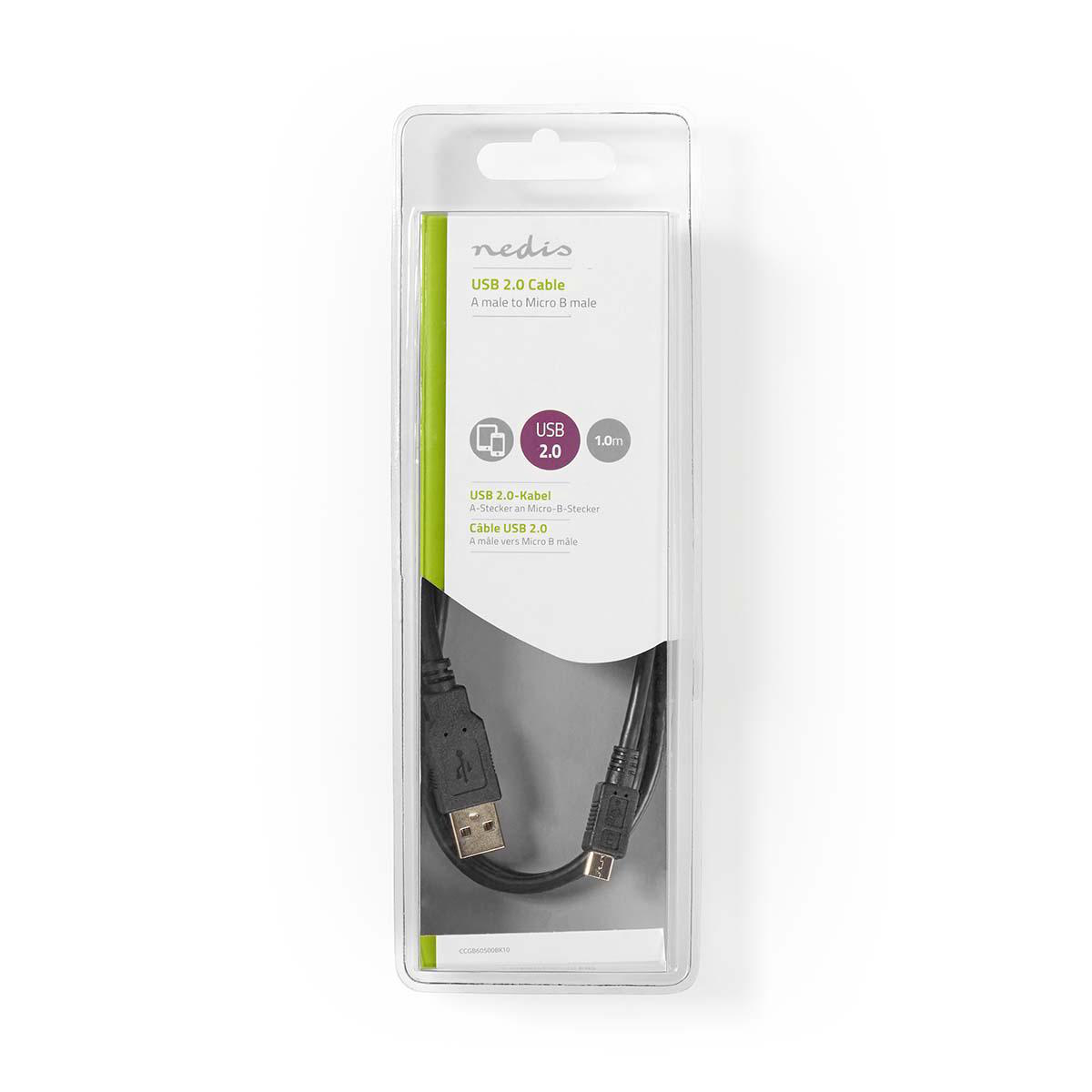 USB 2.0-Kabel in klarer Kunststoffverpackung, Stecker auf Micro-B-Stecker.