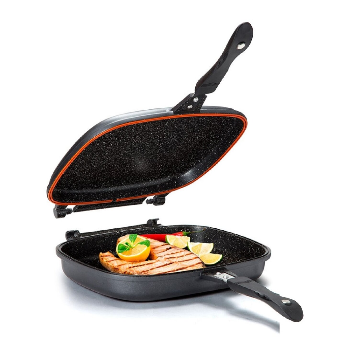 Zwei offene Grillpfannen, eine mit gegrilltem Essen, Zitronenscheiben und Paprika.