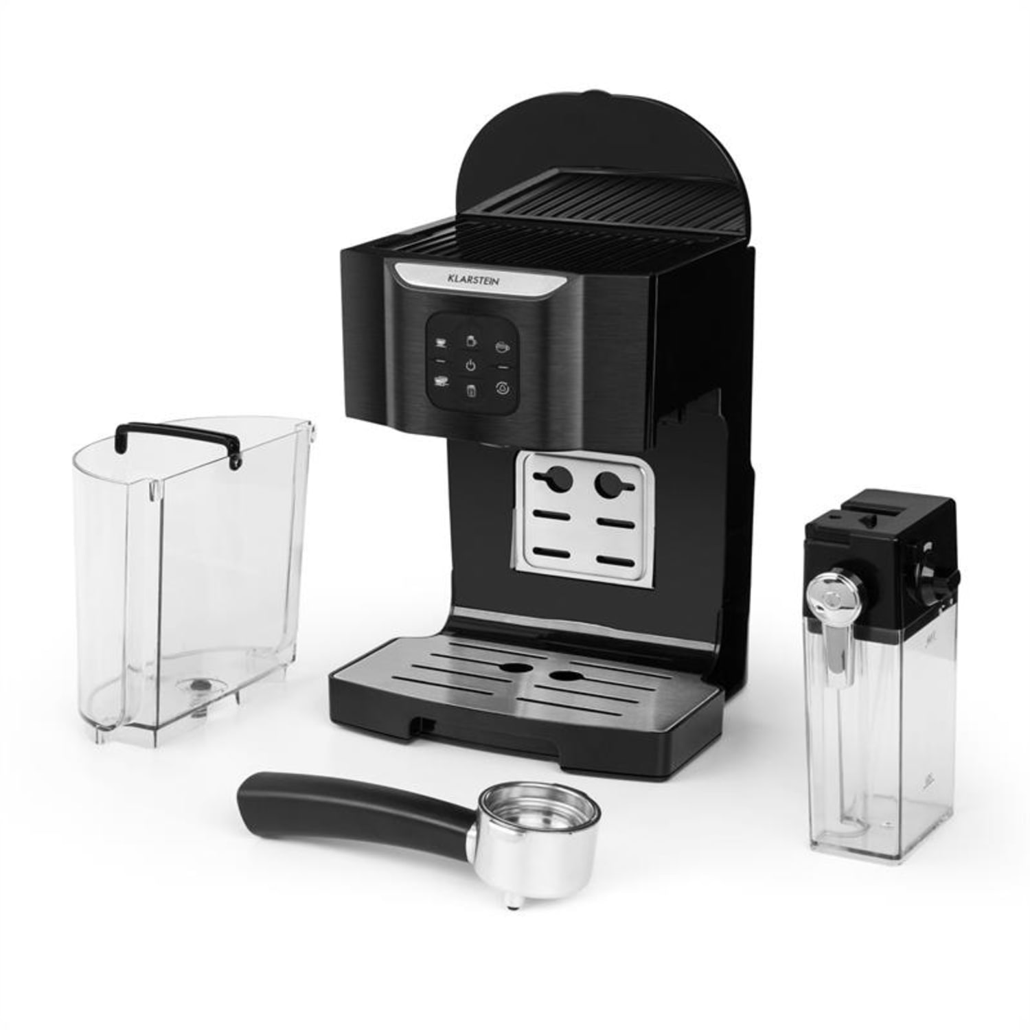 Schwarze Espressomaschine, zerlegt. Enthält Wassertank, Siebträger und einen Behälter. Weißer Hintergrund.