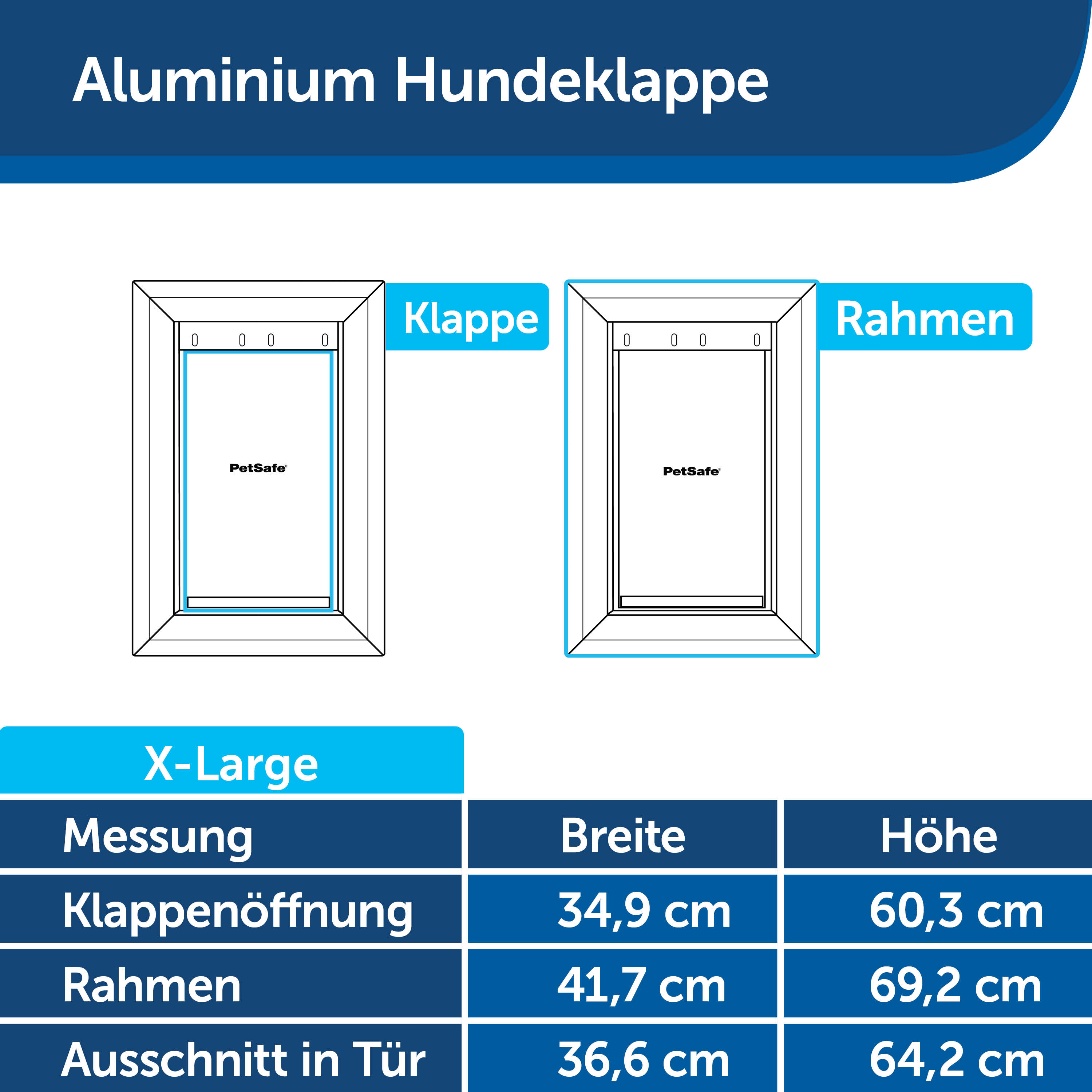 Diagramm einer Hundeklappe mit Maßen in cm, beschriftet X-Large.