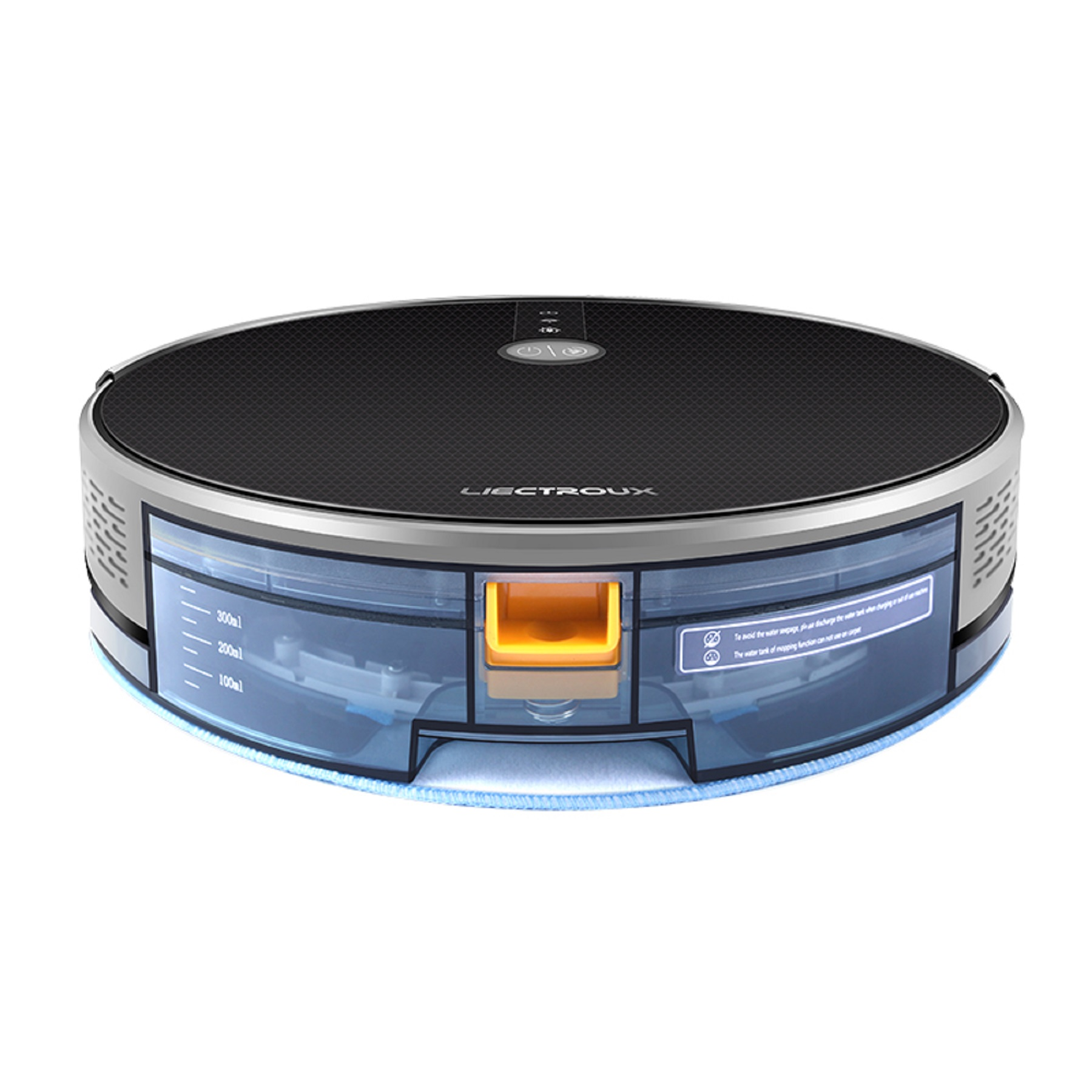 Roboter-Staubsauger, schwarz und silber, mit Wassertank und blauem Pad.