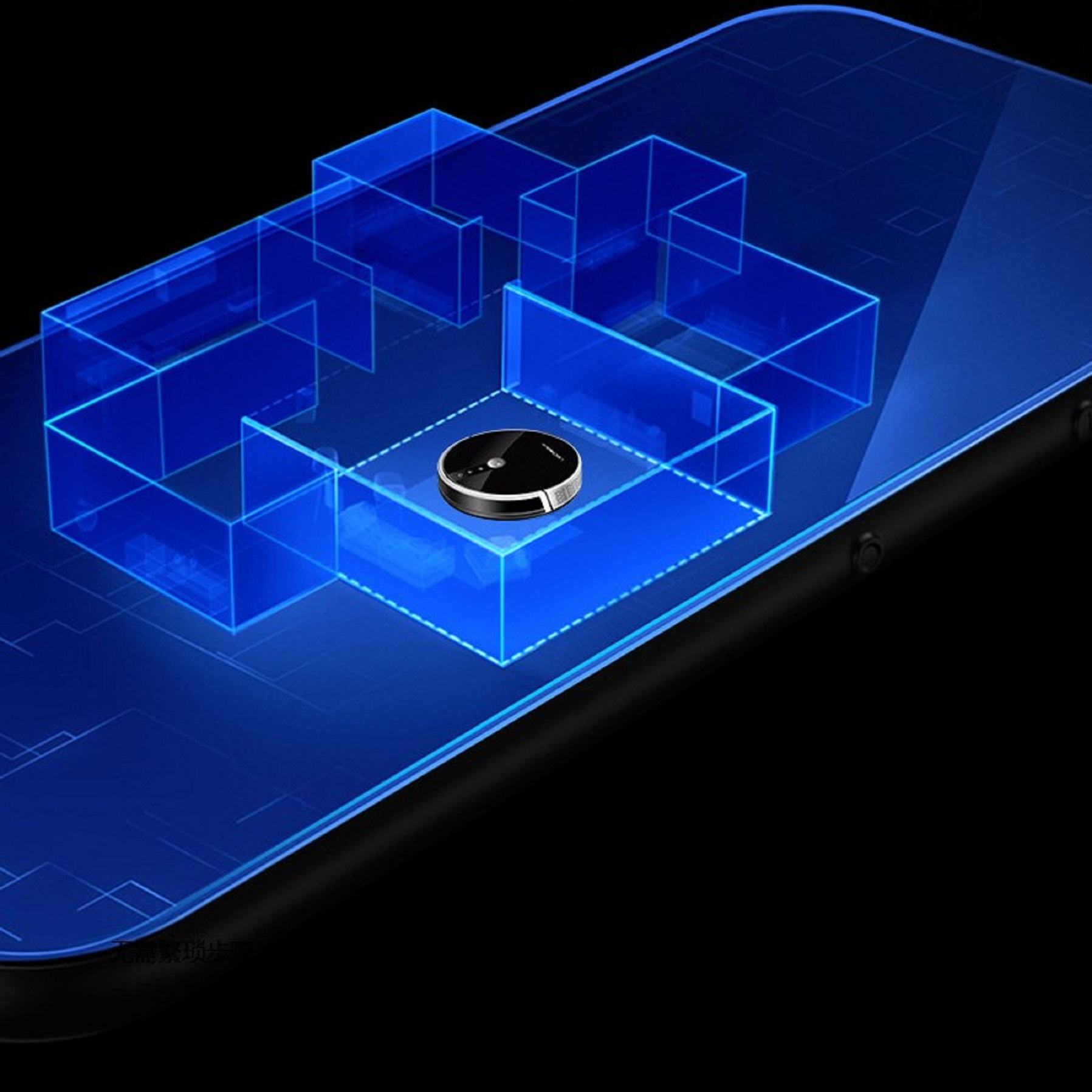 Ein schwarzer Roboter-Staubsauger in blauen geometrischen Formen auf einem Smartphone-Bildschirm. Schwarzer Hintergrund.
