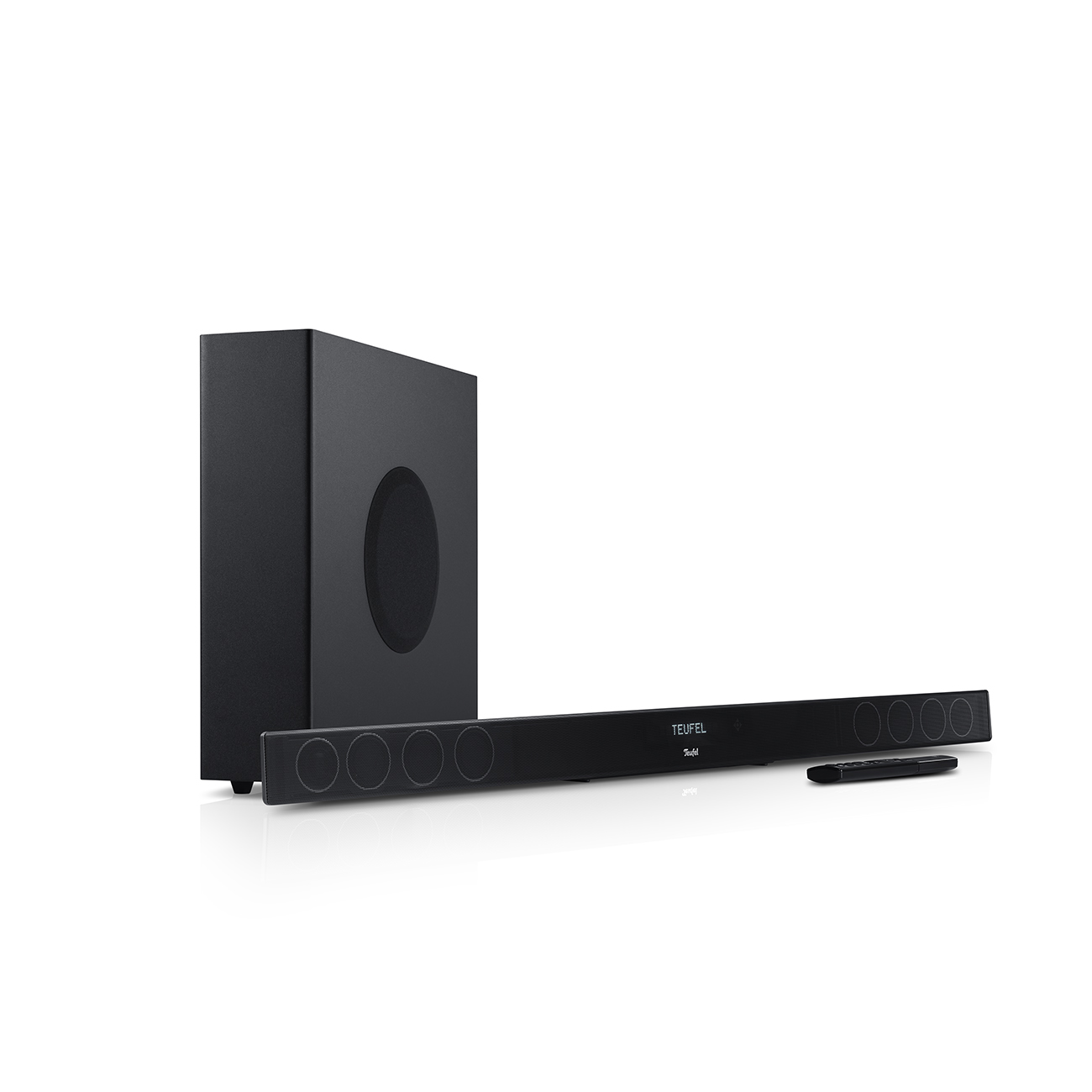 Schwarze Soundbar und Subwoofer auf weißem Hintergrund. Die Soundbar hat das Teufel-Logo.