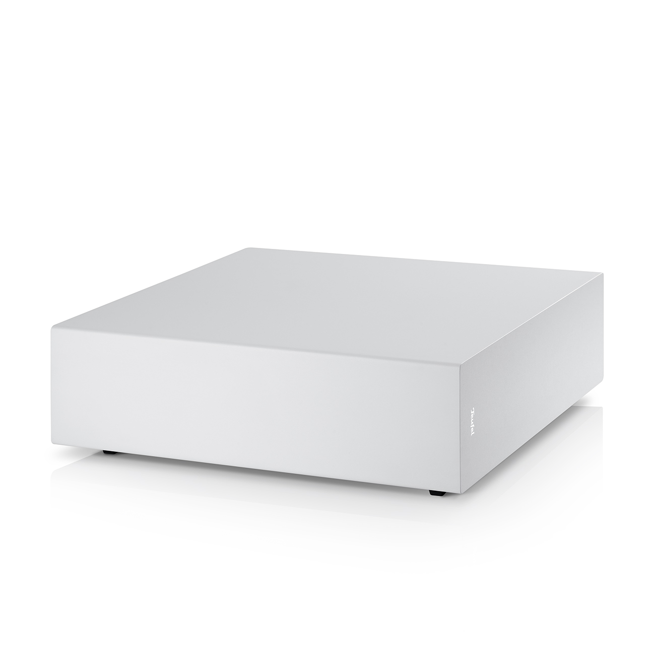 Weißer, minimalistischer, quadratischer Kasten mit dem 'Loewe'-Logo.