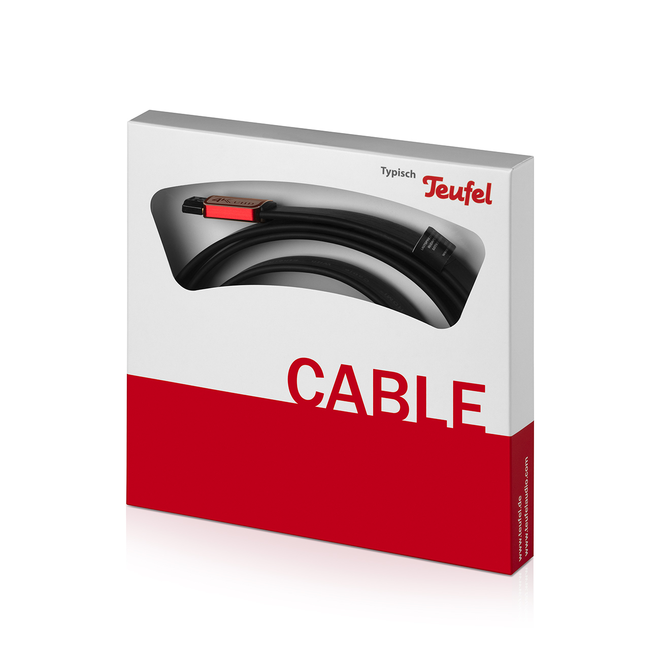 Eine weiß-rote Box mit einem schwarzen Kabel darin. Auf dem Etikett steht 'CABLE'.