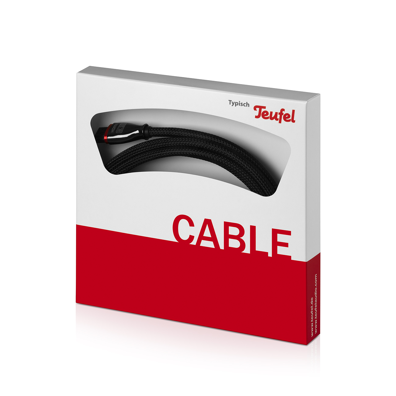 Eine Kabelbox mit schwarzem Kabel, rote und weiße Farben. Text auf der Box: CABLE.