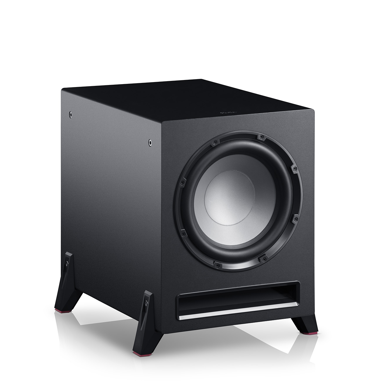 Ein schwarzer Subwoofer mit einem großen kreisförmigen Lautsprecher. Er hat ein rechteckiges Design und steht auf schwarzen Beinen mit roten Akzenten.
