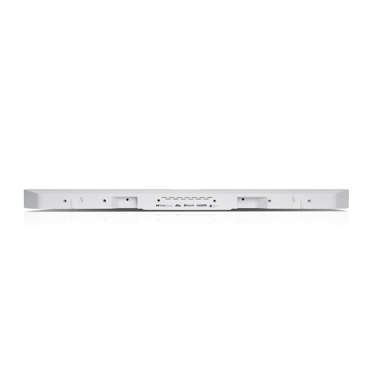 Weiße Soundbar mit mehreren Anschlüssen und einem schlanken Design.