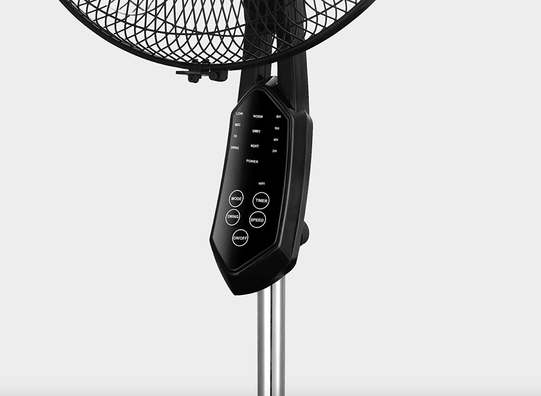 Schwarzer elektrischer Ventilator mit Bedienfeld. Knöpfe umfassen Strom, Modus, Timer und Geschwindigkeit.