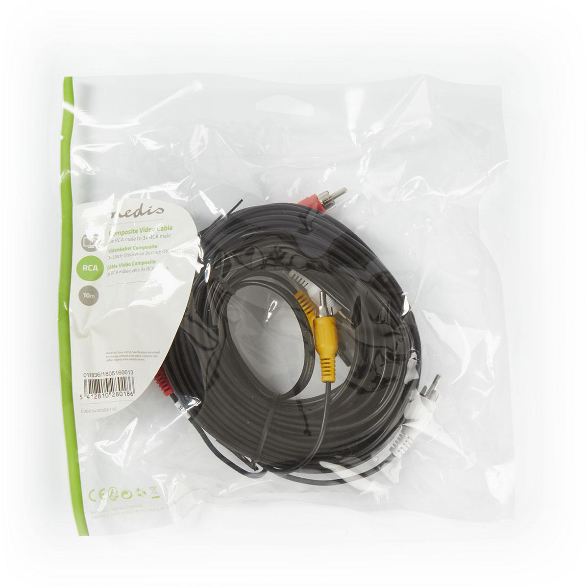Eine transparente Plastiktüte mit einem schwarzen RCA-Composite-Videokabel mit roten, gelben und weißen Steckern.