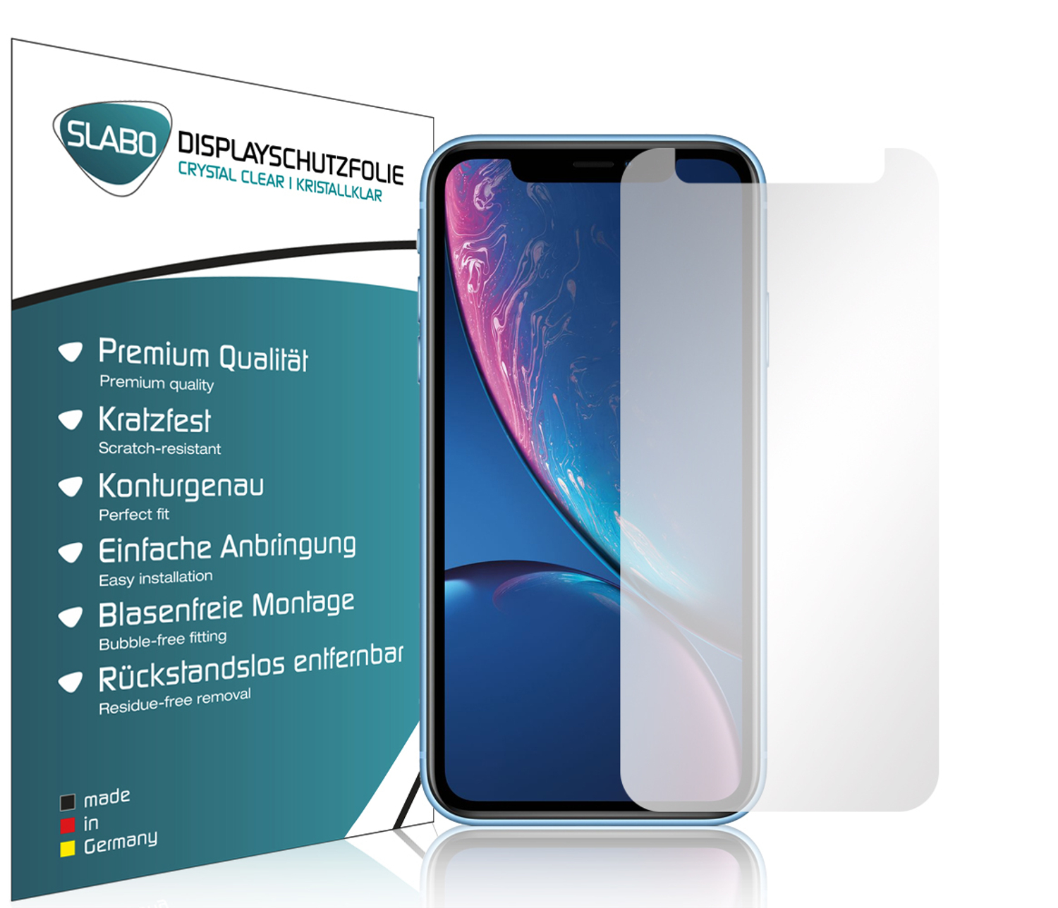 Telefon mit Displayschutzfolie und einer Box mit Text. Weißer Hintergrund.