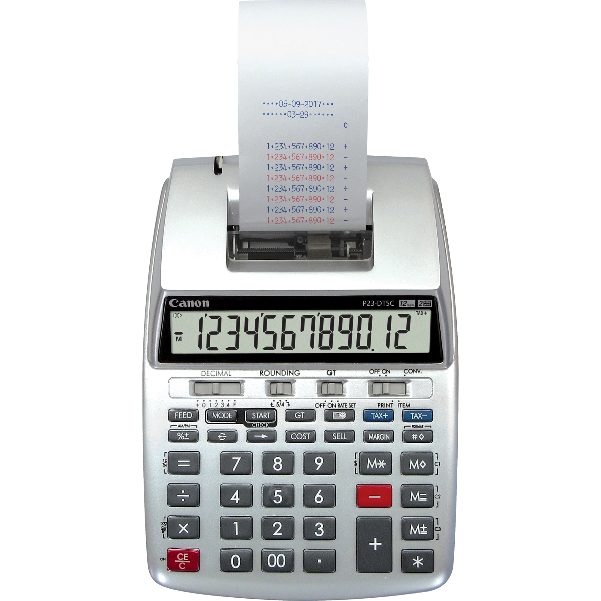 Silberner Taschenrechner mit Papierrolle, die Zahlen anzeigt. Weißer Hintergrund.