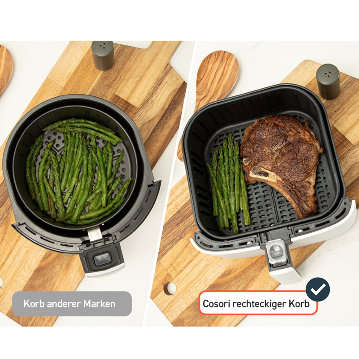 Cestas de freidora de aire con espárragos y bistec. Una cesta está etiquetada como 'otra marca'.