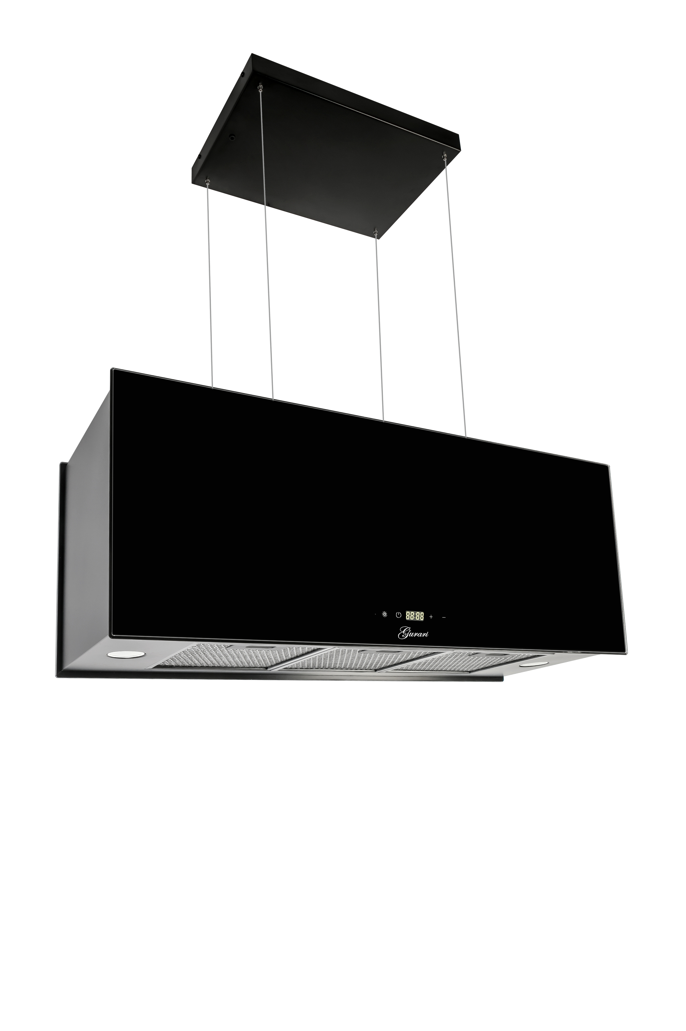 Eine schwarze, an der Decke montierte Dunstabzugshaube mit hängenden Drähten, weißer Hintergrund.