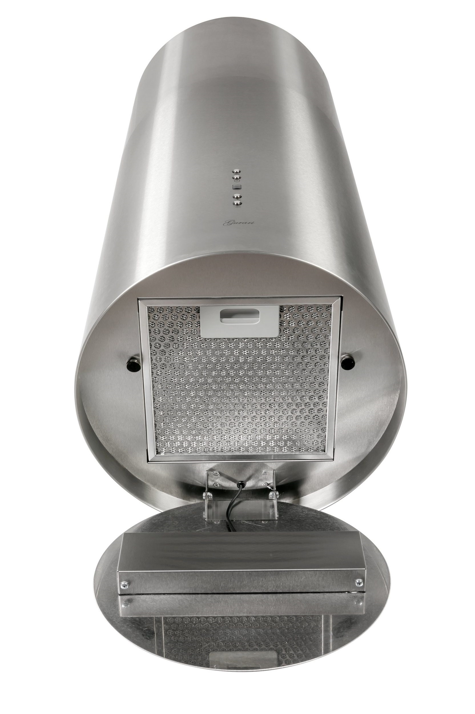 Edelstahl-Küchenhaube, Zylinderform, mit Metallgitterfilter.