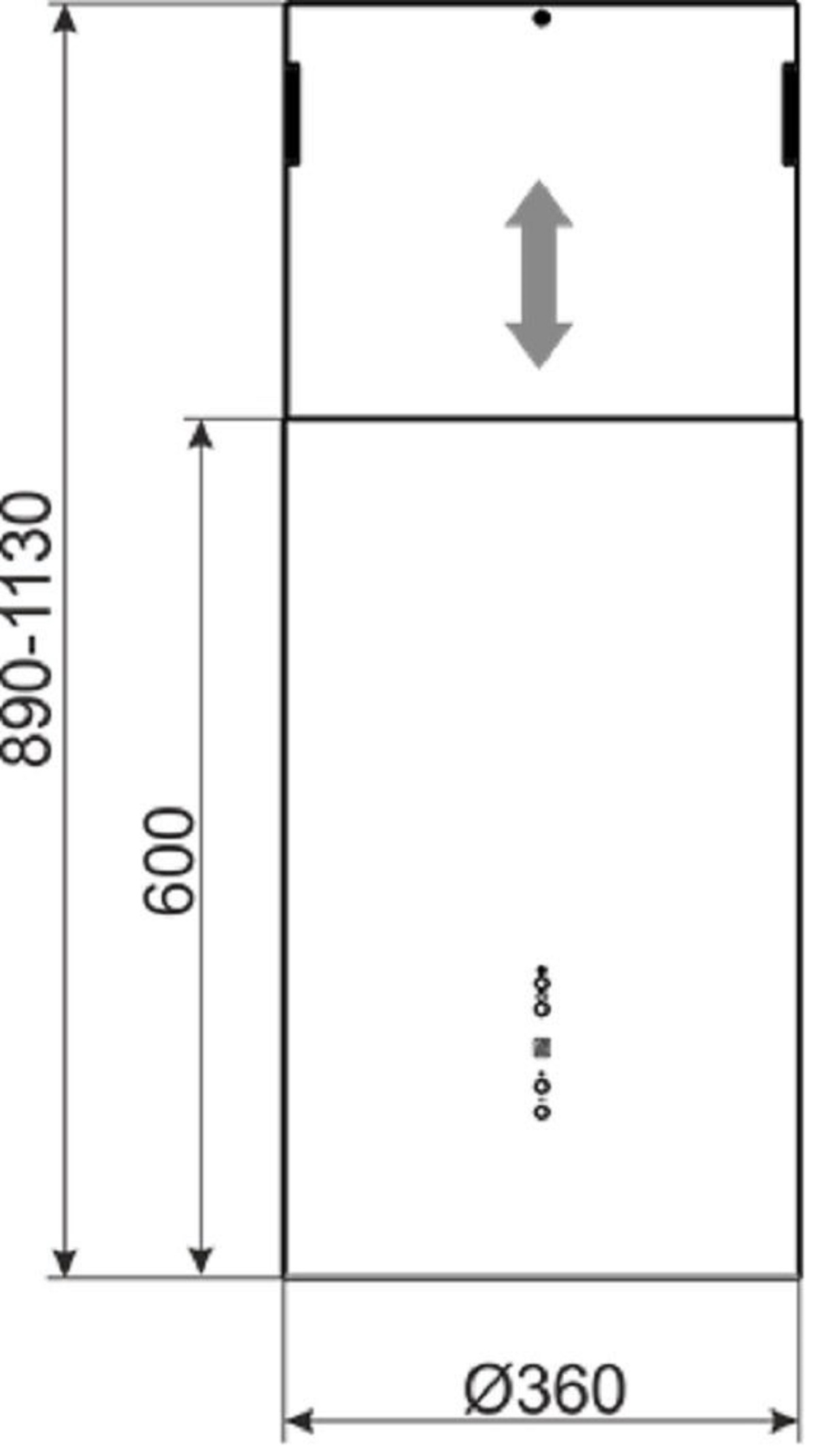 Ein schwarzer Schrank mit Maßen und einem Pfeil. Der Schrank ist rechteckig mit kreisförmiger Basis.