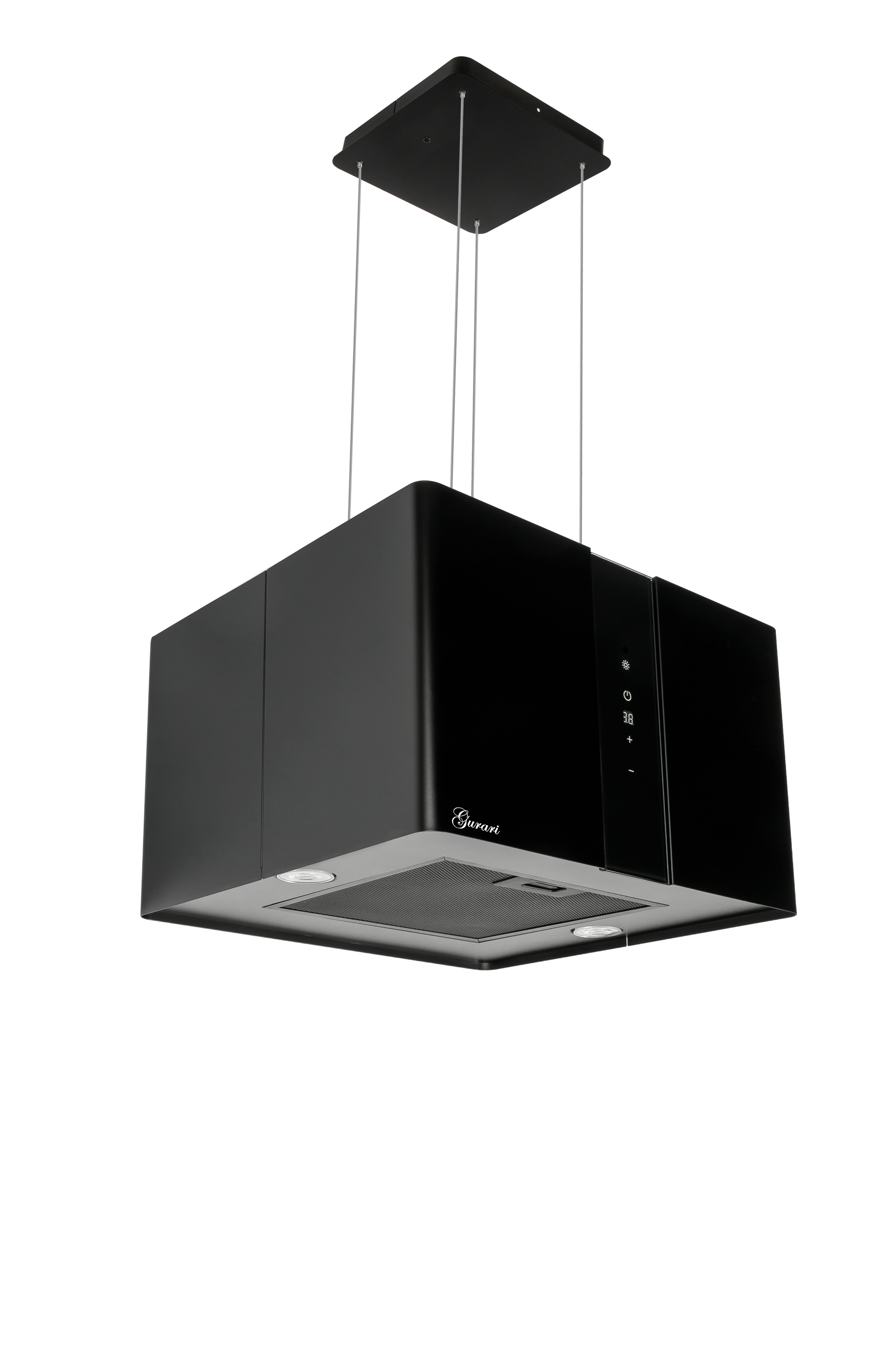 Schwarze Dunstabzugshaube mit silbernem Gitter und weißem Hintergrund. Sie ist von der Decke abgehängt.