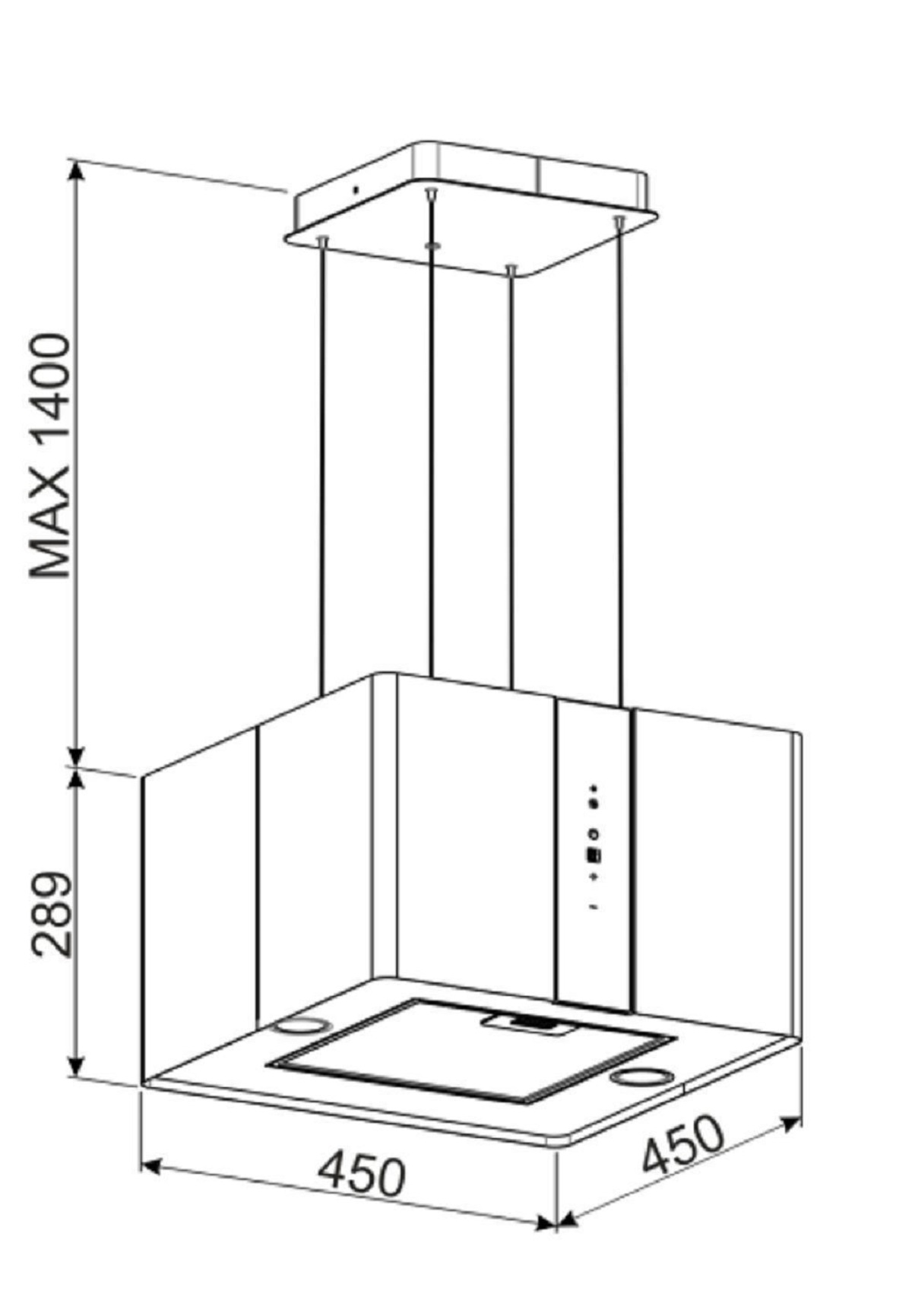 Diagramm einer Küchenhaube mit Abmessungen. Es ist eine quadratische Form mit rechteckiger Basis.