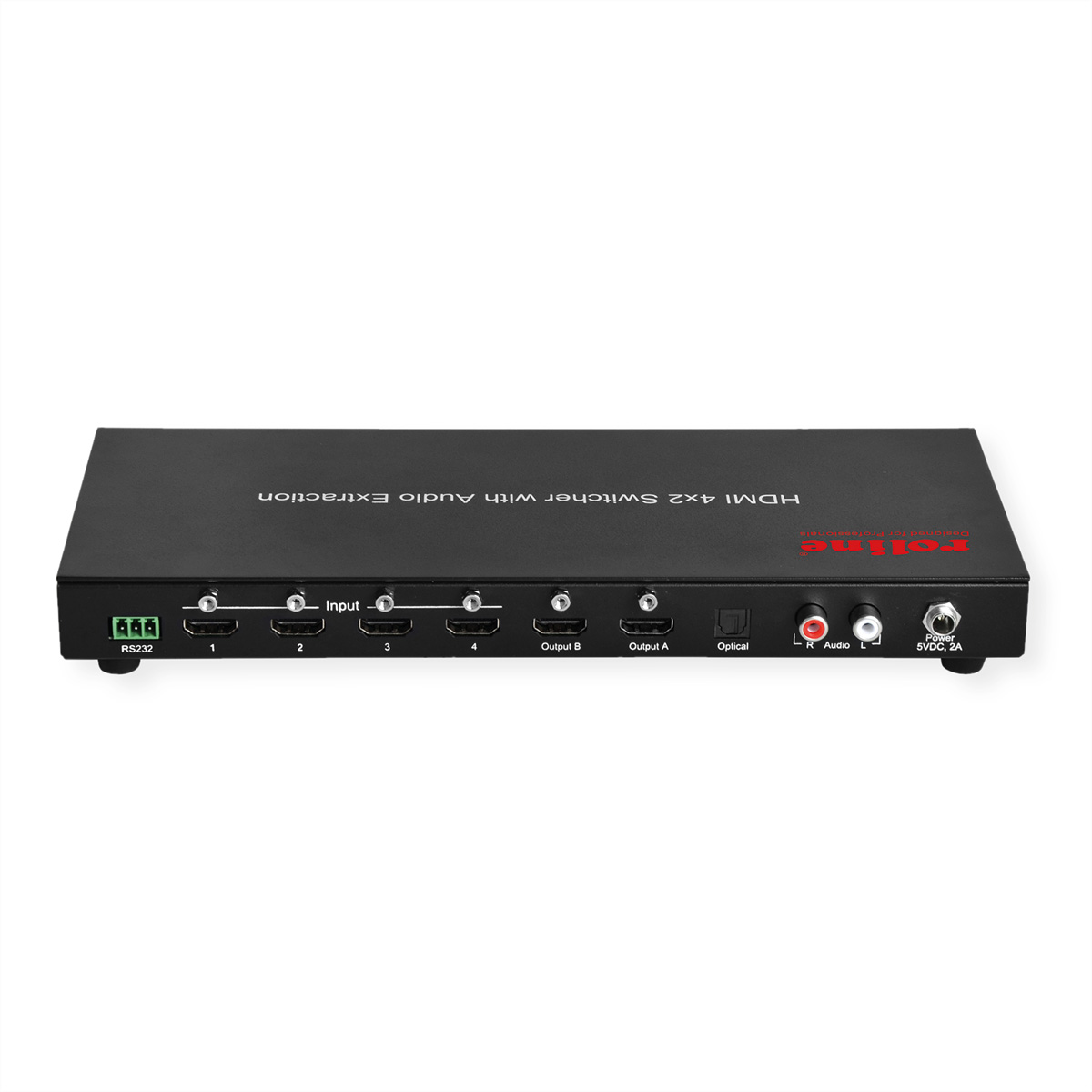 Commutateur HDMI 4x2 noir avec plusieurs entrées et sorties, fond blanc.