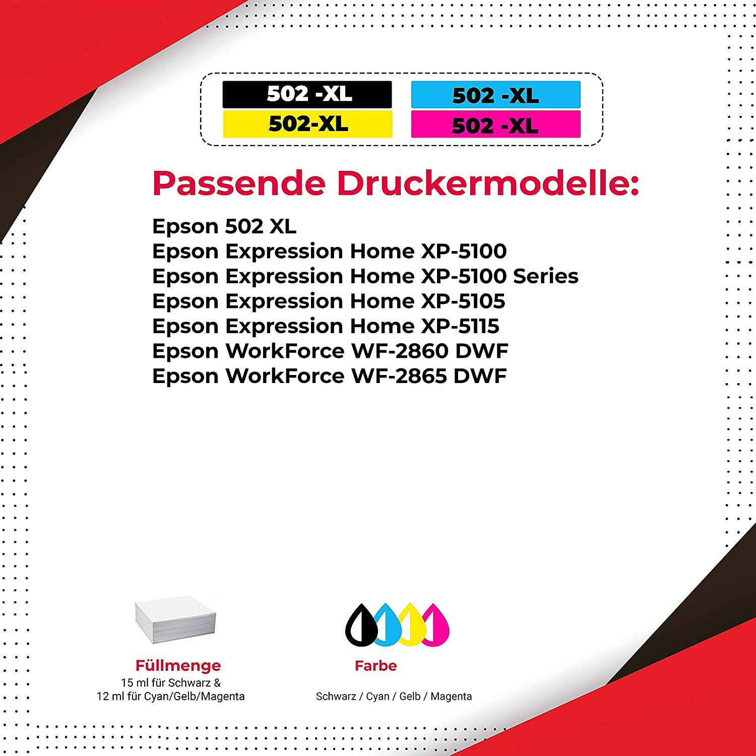 Tintenpatronen mit Etiketten, schwarz, gelb, cyan und magenta. Text zeigt kompatible Druckermodelle.
