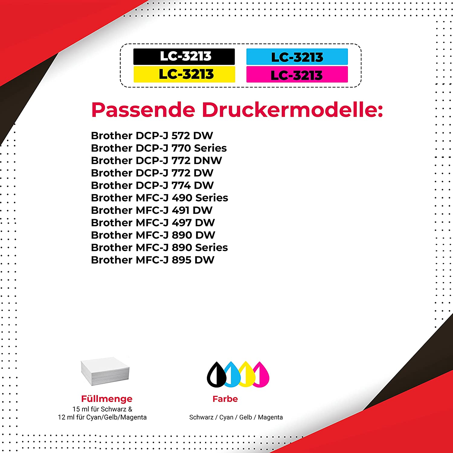 Druckpatronen mit einer Liste von Druckermodellen und Tintenfarben.