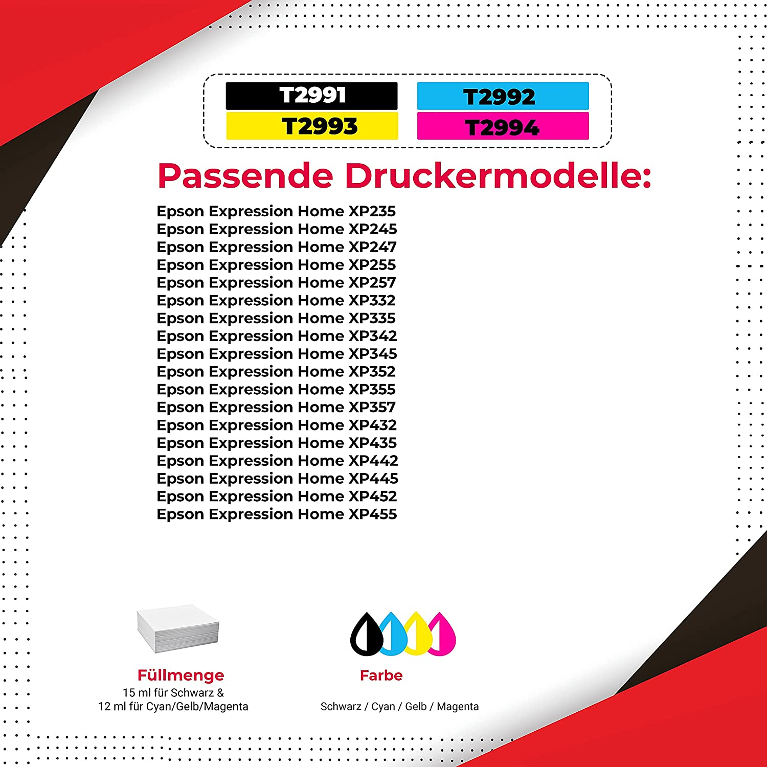 Ein Blatt mit Text, der Epson-Druckermodelle beschreibt, mit Farbtintenpatronen am unteren Rand.