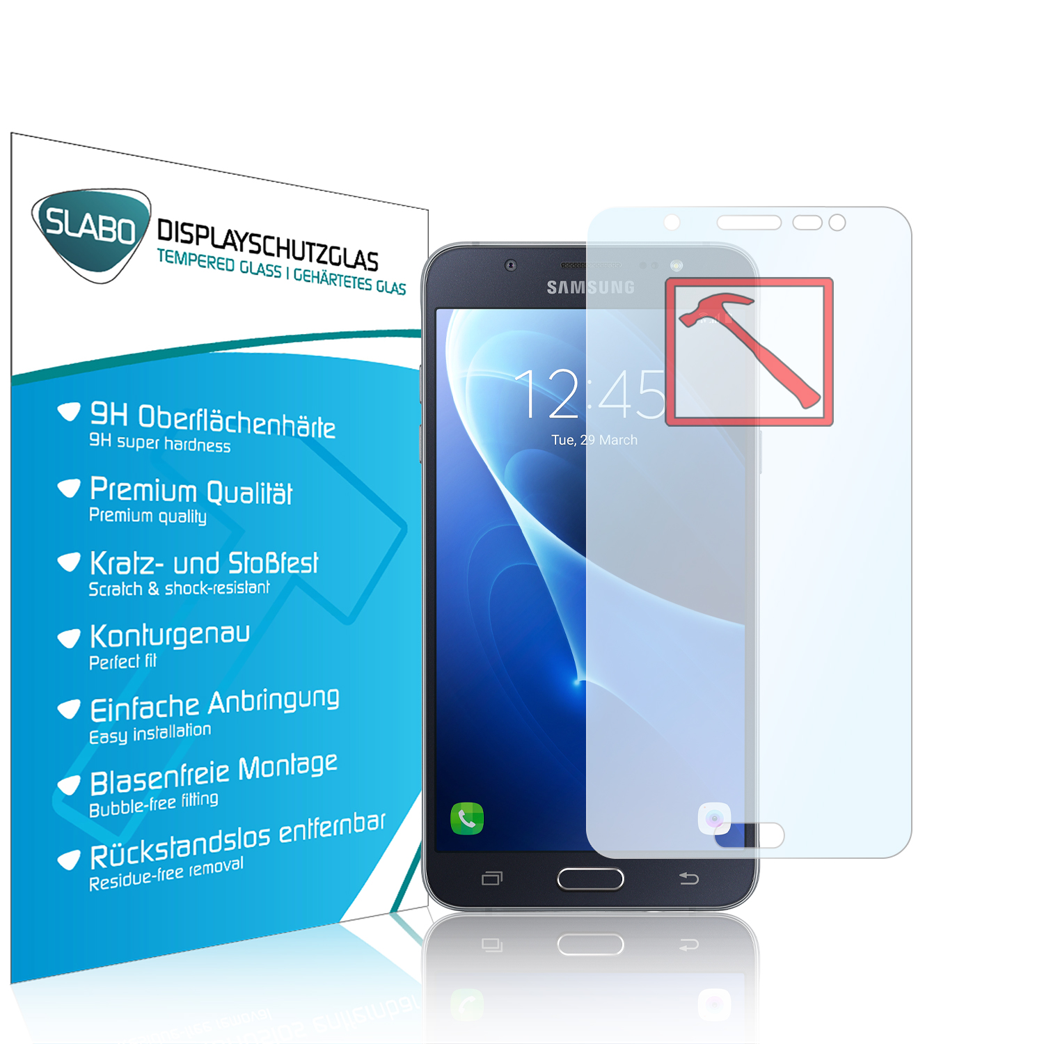 Ein Telefon mit Displayschutzfolie, daneben eine blau-weiße Box mit Text.