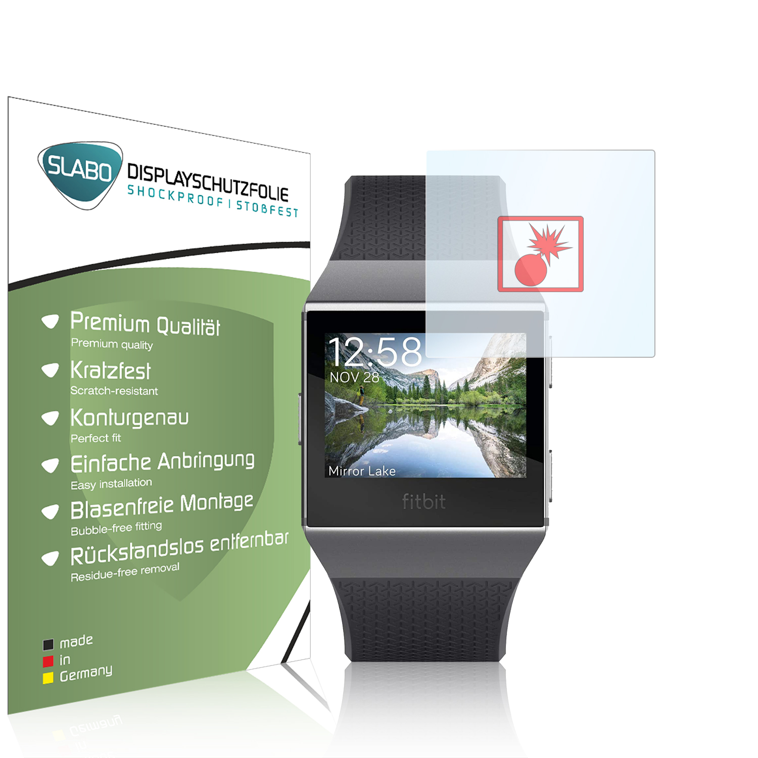 Fitbit Smartwatch mit Schutzfolie. Uhr zeigt Zeit und eine Seeszene.