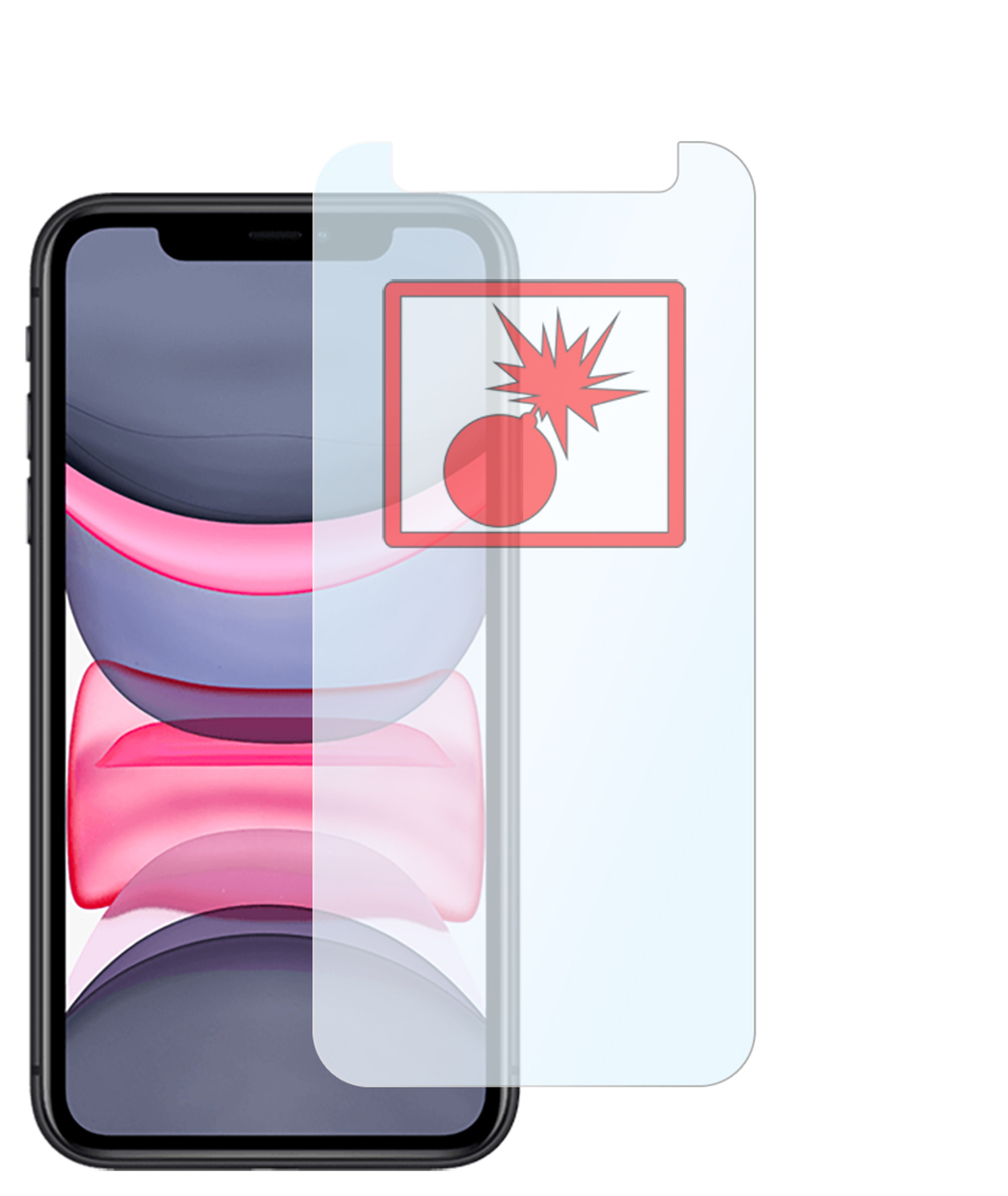 iPhone mit angebrachter Displayschutzfolie. Der Schutz hat eine rote Explosionsgrafik über einem roten Punkt.
