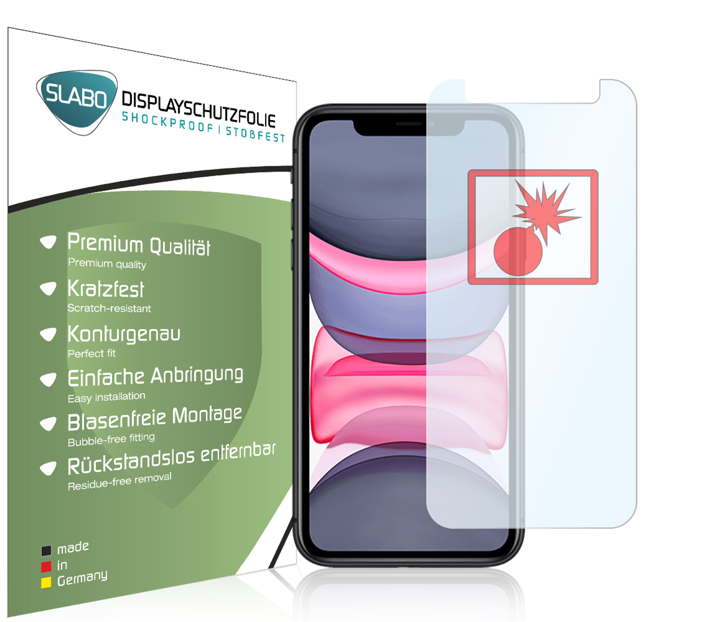 Smartphone mit Displayschutzfolie und Verpackung. Schutzfolie hat roten Burst.
