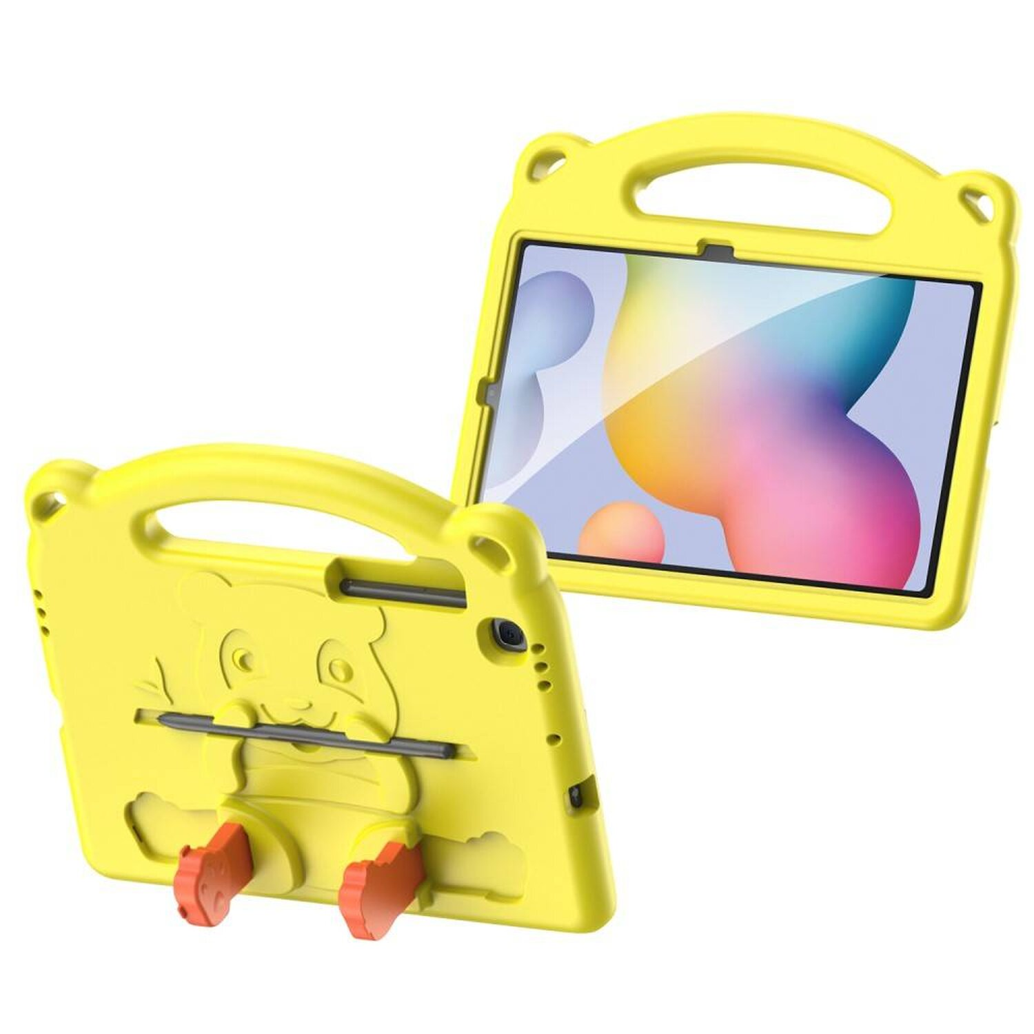 Gelbes Tablet-Case mit einem Tablet darin. Das Case hat bärenartige Merkmale und einen orangenen Ständer.