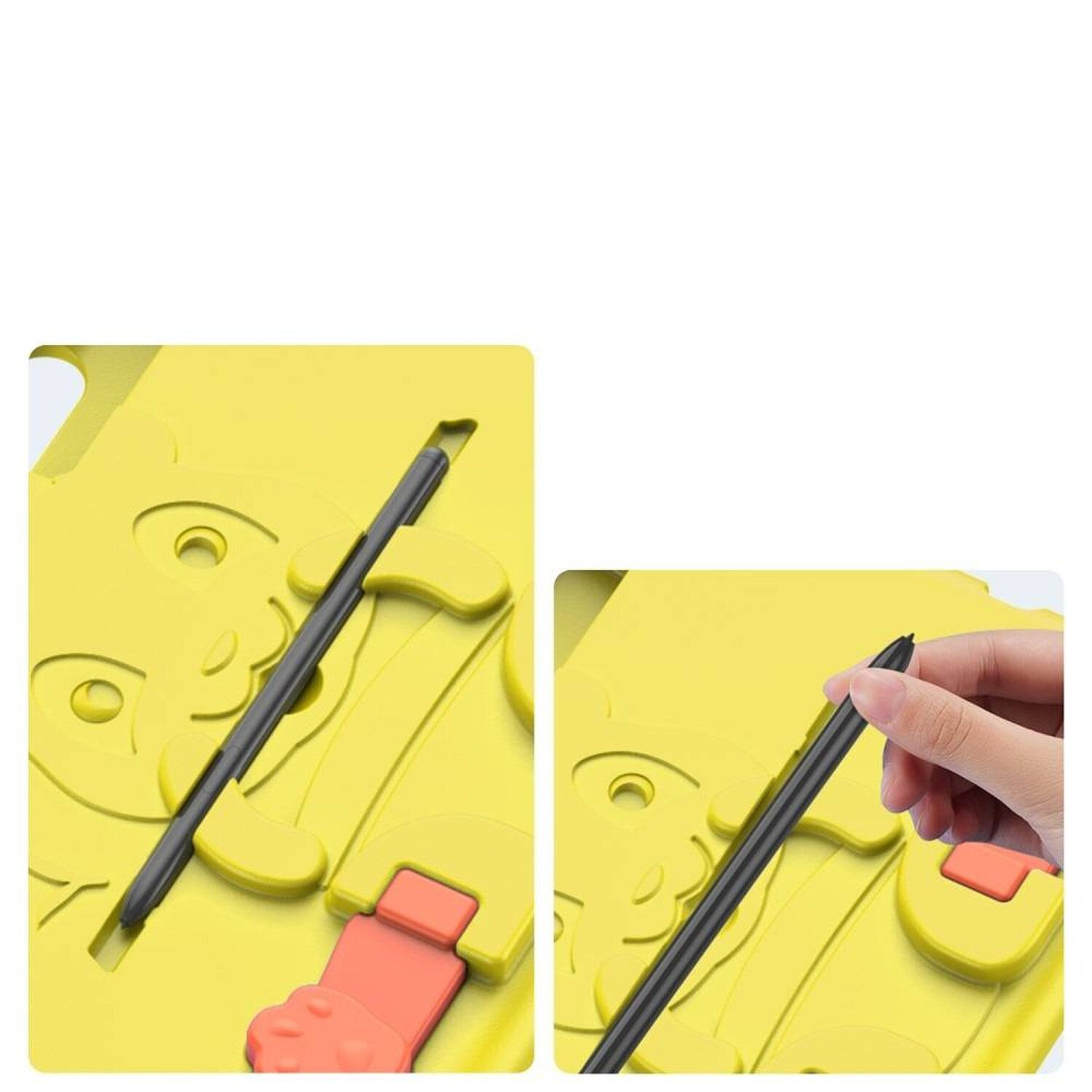 Gelbes Tablet mit schwarzem Stift, Nahaufnahmen von Details, die den eingesetzten und in der Hand gehaltenen Stift zeigen.