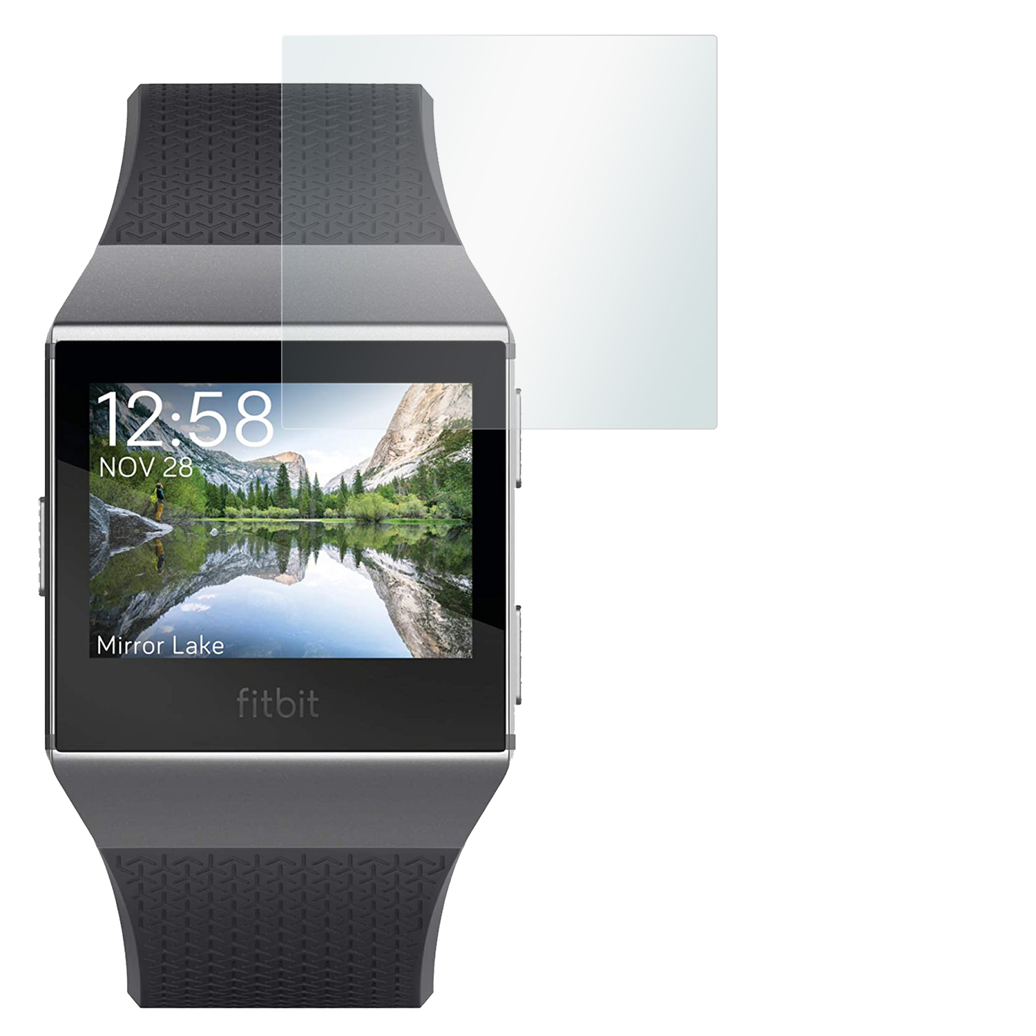 Eine Fitbit Smartwatch mit Displayschutz. Der Bildschirm zeigt eine Seeszene und die Uhrzeit.