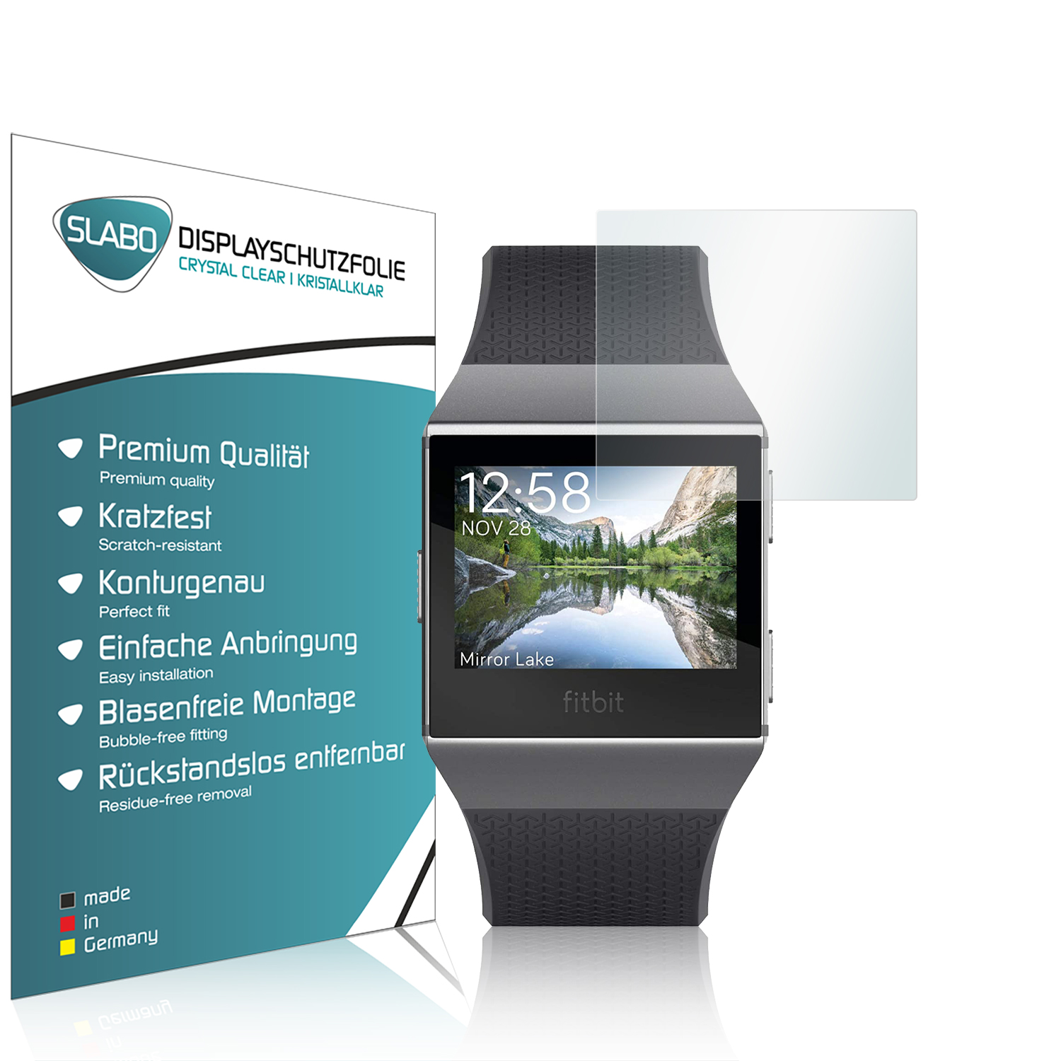 Smartwatch mit Displayschutzfolie, Box mit Text und Logo an der Seite.