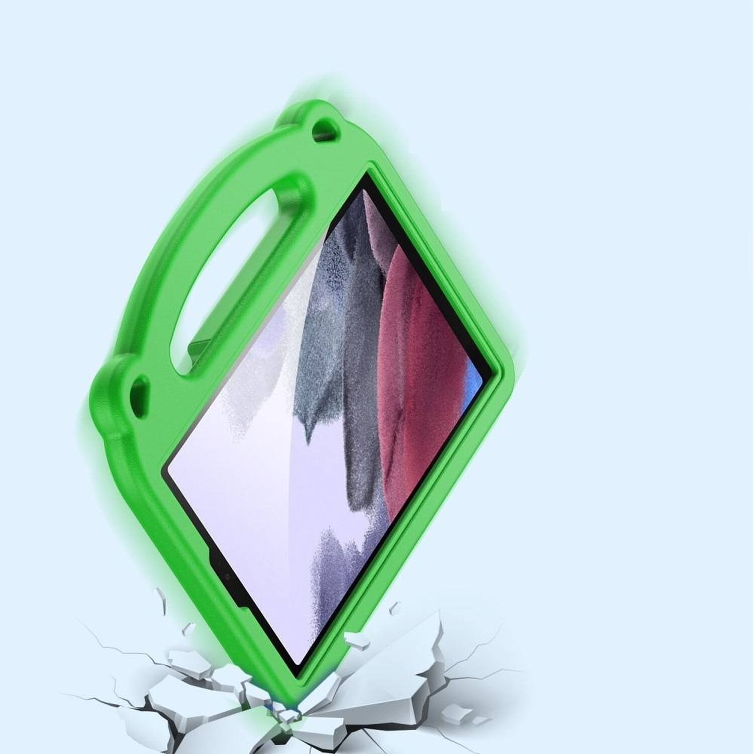 Grüne Tablet-Hülle mit Tablet, Riss-Effekt. Hellblauer Hintergrund.