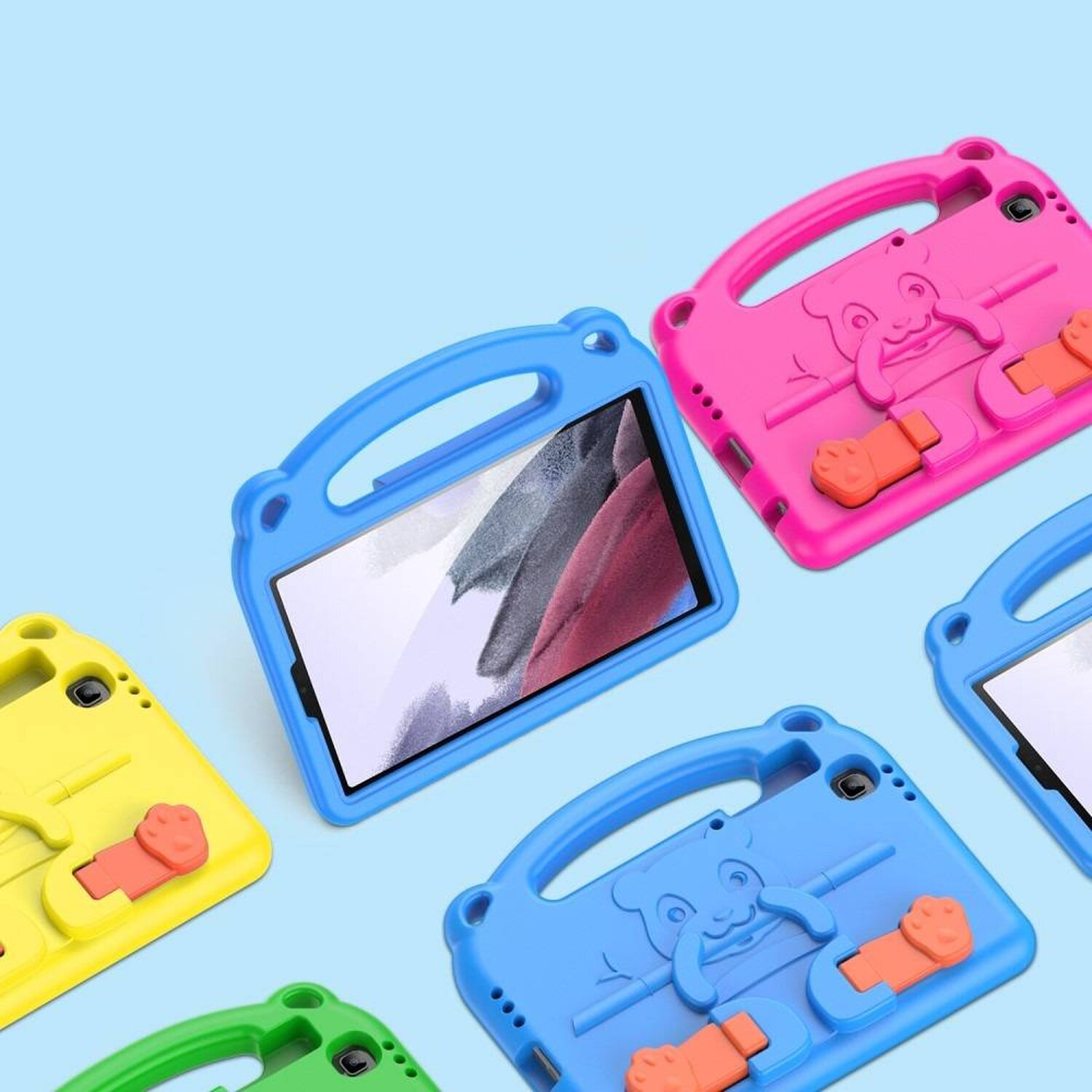 Tablethüllen in verschiedenen Farben. Blaue, rosa, gelbe und grüne Hüllen.