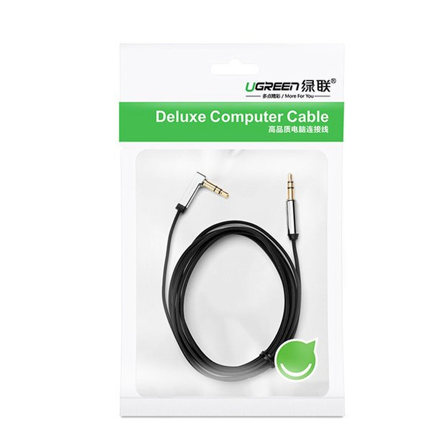 Deluxe-Computer-Kabel in einer transparenten Verpackung mit schwarzem Kabel und silbernen Steckern.