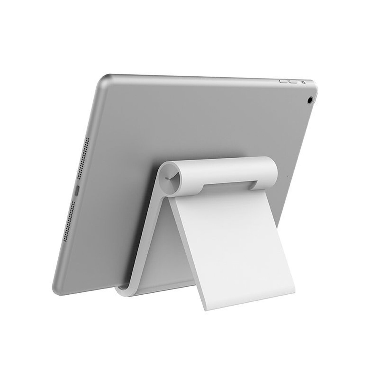 Ein graues Tablet steht in schräger Position auf einem weißen Ständer. Der Hintergrund ist schlicht.