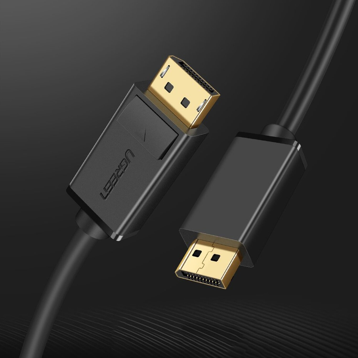 Dwa czarne złącza DisplayPort ze złotymi końcówkami i czarny kabel.