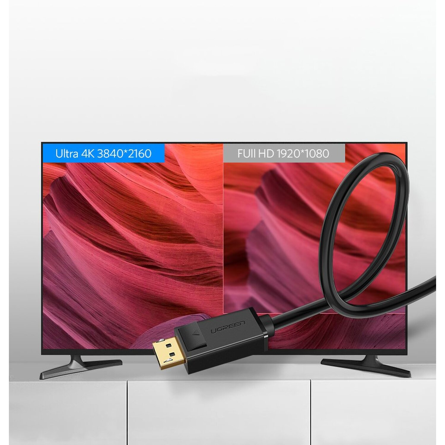 Kabel HDMI podłączony do telewizora wyświetlającego ekrany Ultra 4K i Full HD.