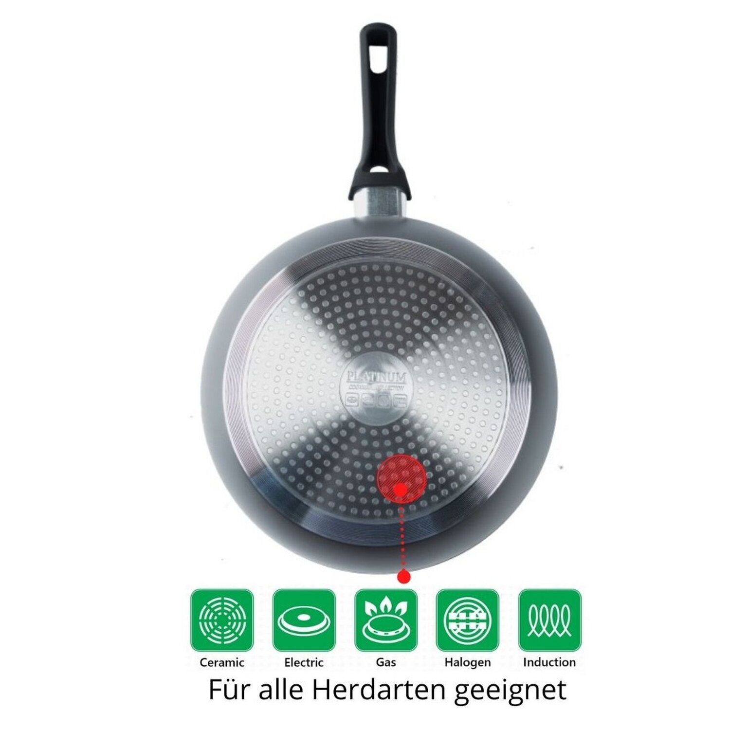 Eine graue Bratpfanne mit schwarzem Griff, die die Kochfläche zeigt. Weißer Hintergrund.