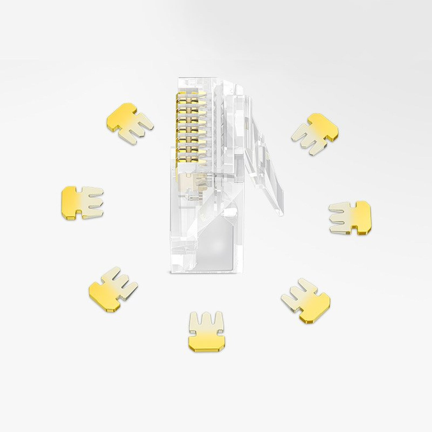 Przezroczyste złącze RJ45 ze złotymi pinami i ośmioma złotymi złączami wokół niego.