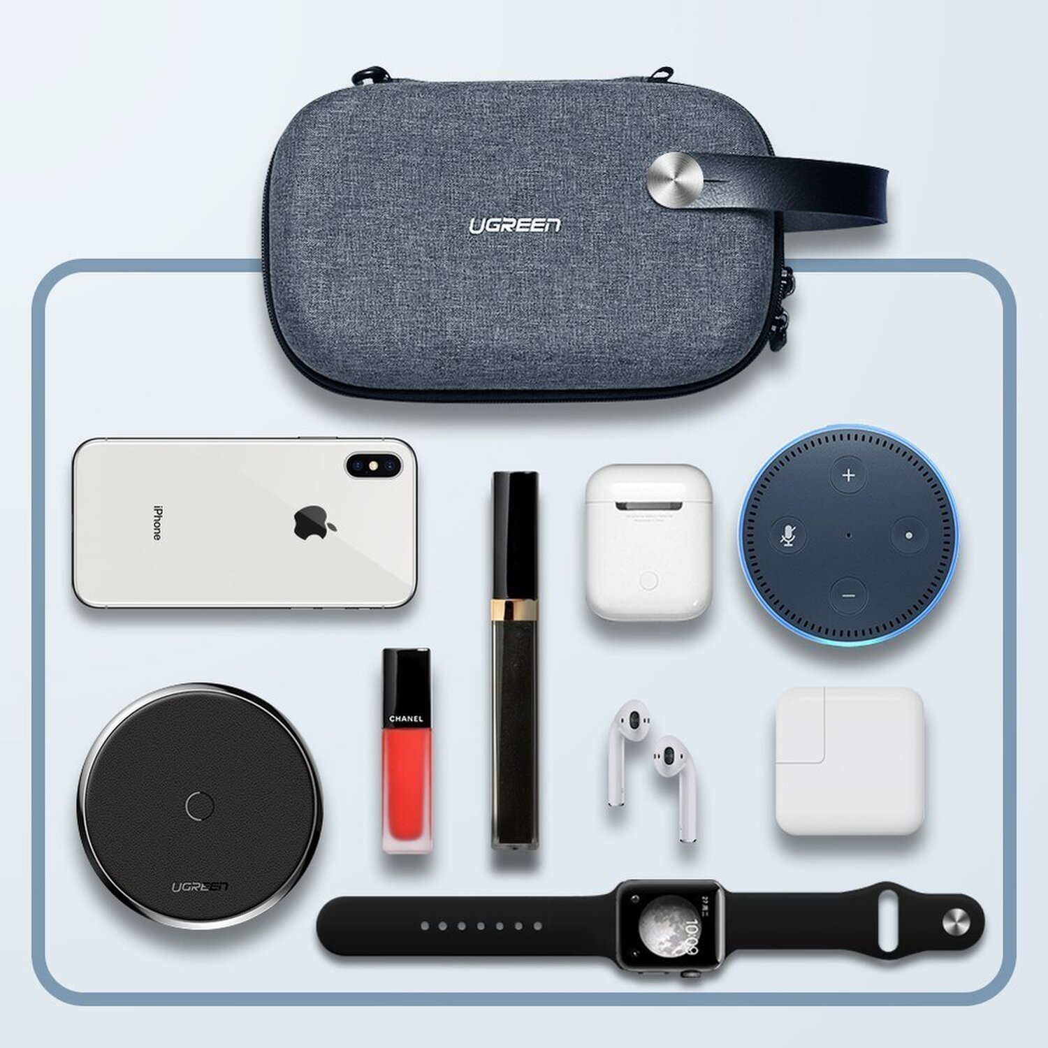 Sammlung von Tech-Gadgets: Telefon, kabelloses Ladegerät, AirPods und Uhr.