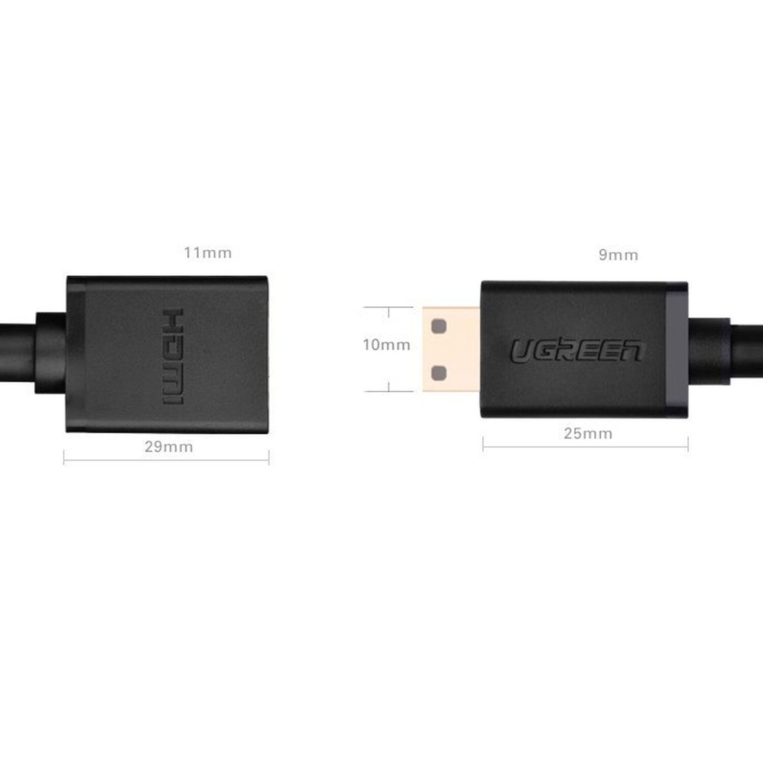 Kabel HDMI z pomiarami. Kabel ma dwa złącza, jedno z etykietą HDMI. Białe tło.