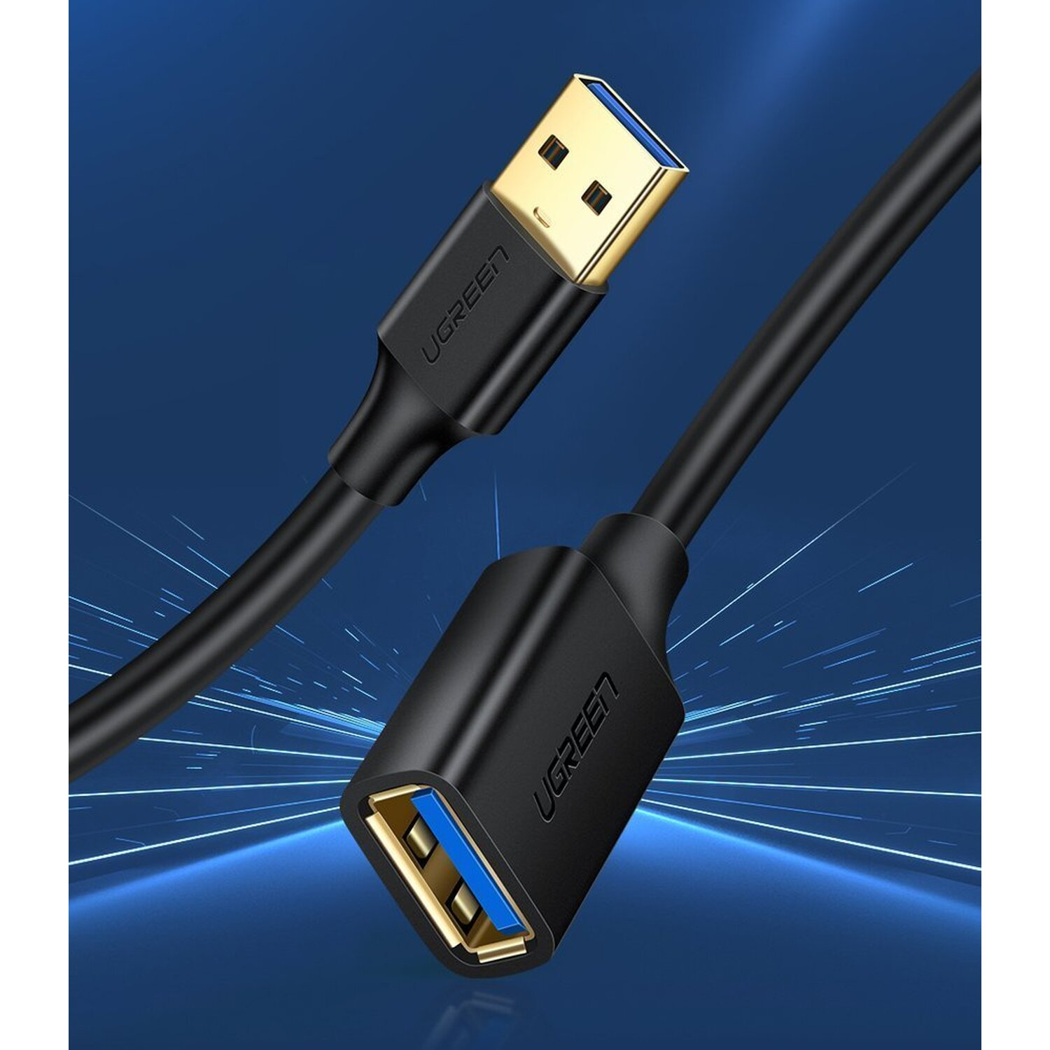 Black and gold USB cable, UGREEN brand, with USB-A and USB-B connectors, blue background.