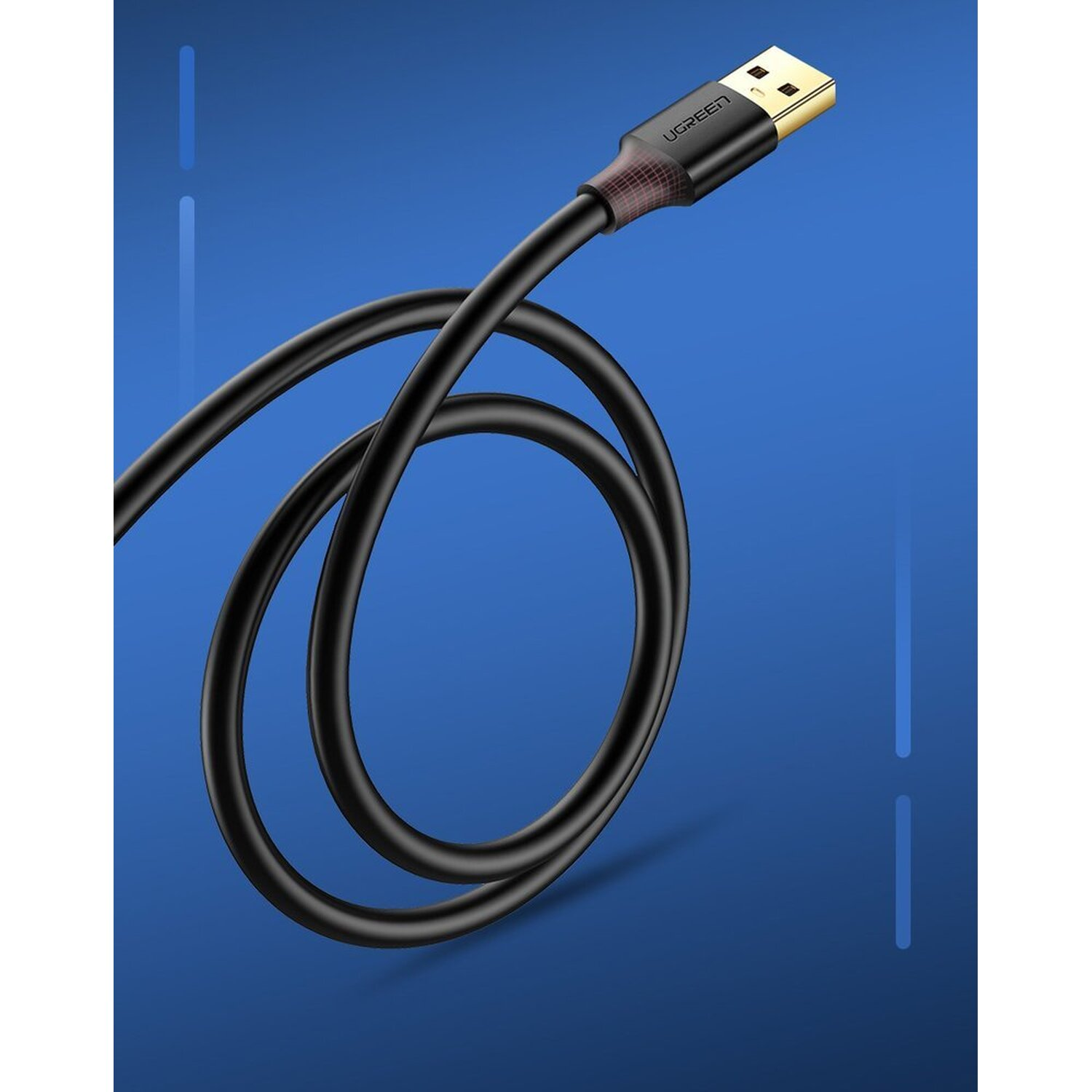 A black USB cable with a gold-colored USB connector. Blue background.