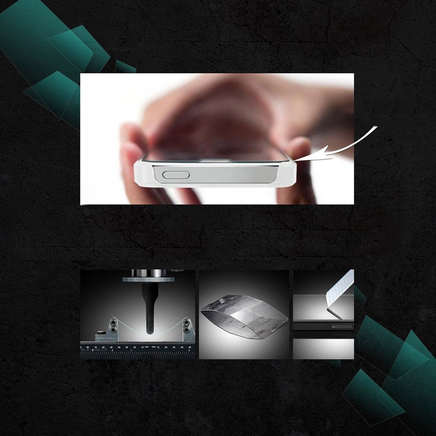Ein Telefon mit silbernem Rahmen. Verschiedene Objekte, Diagramme und Bilder befinden sich im Hintergrund.