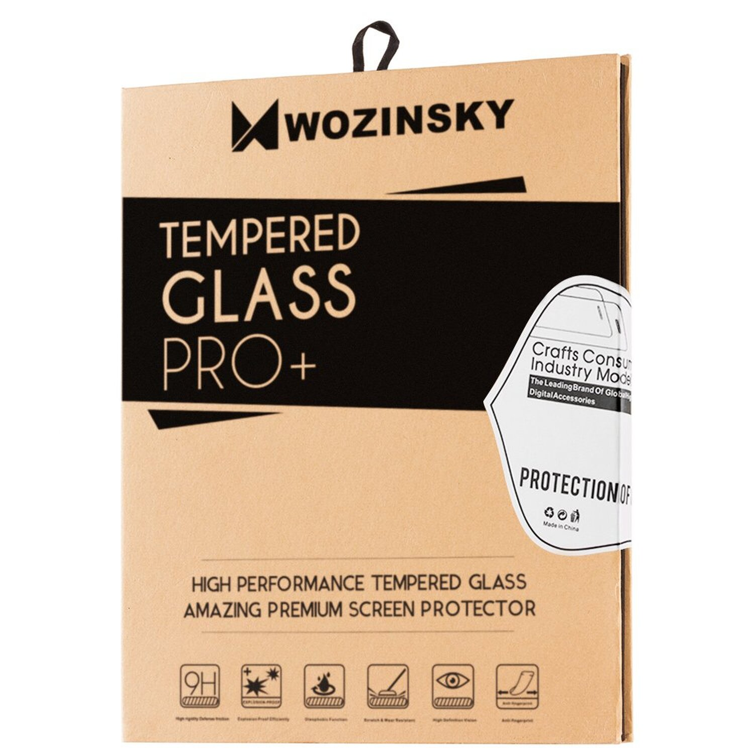 Eine braune Schachtel mit der Aufschrift 'TEMPERED GLASS PRO+' und dem Wozinsky-Logo, mit einem klaren Displayschutz.